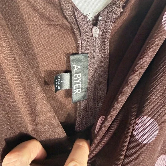 Vtg 90s Y2K A. Byer Midi Dress Sm Brown Pink Polka Dot Mesh Overlay Fit & Flare - Picture 4 of 6